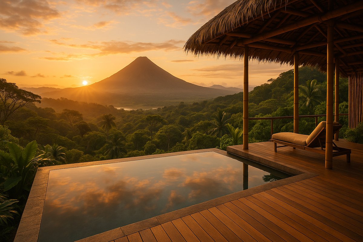Regenerativer Luxustourismus: Luxuriöse nachhaltige Lodge in unberührter Naturlandschaft bei Sonnenuntergang