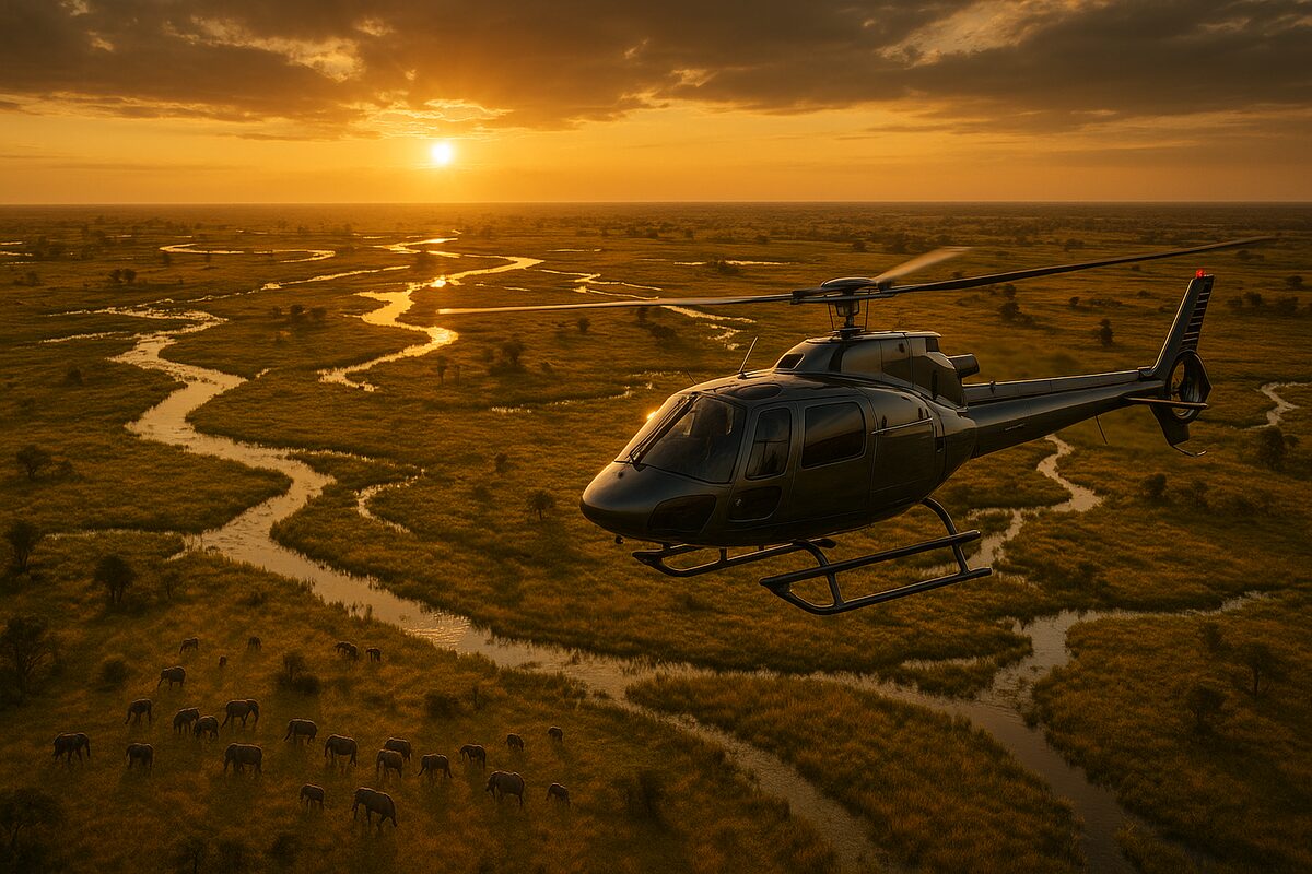 Flying Safaris: Luxus-Helikopter über der afrikanischen Savanne mit Wildtieren